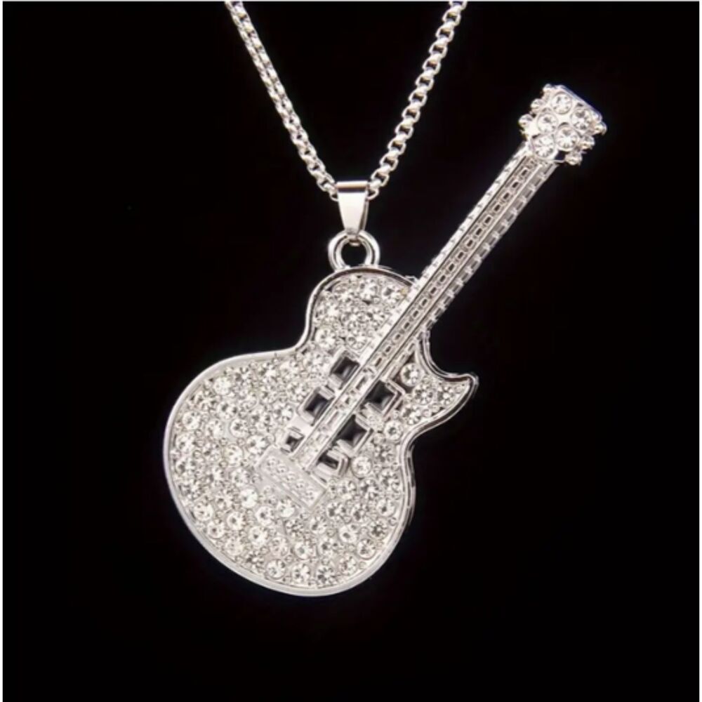 Large Silver ICED Rhinestone Guitar Necklace Men Women Teens